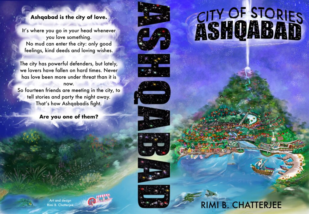 Book cover of Ashqabad: City of Stories, showing a hand drawn illustration of a mountain with a river running down it, and a city on its slopes.